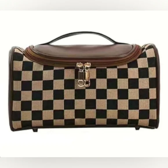 SALE! Brown Damier Checkerboard Cosmetic Toiletry Travel Luxury Leather Bag Case - Picture 8 of 10